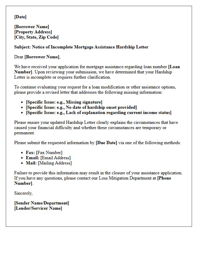 Notice of Incomplete Mortgage Assistance Hardship Letter