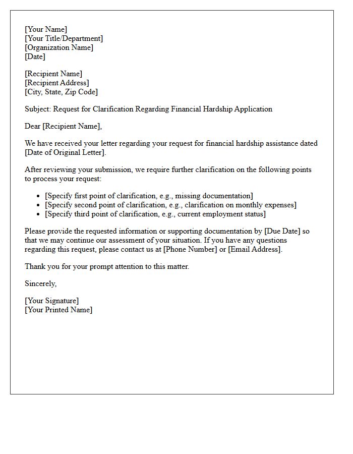 Request for Clarification on Financial Hardship Letter