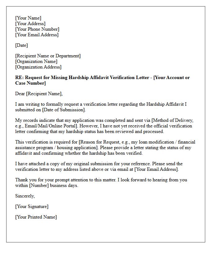 Request for Missing Hardship Affidavit Verification Letter