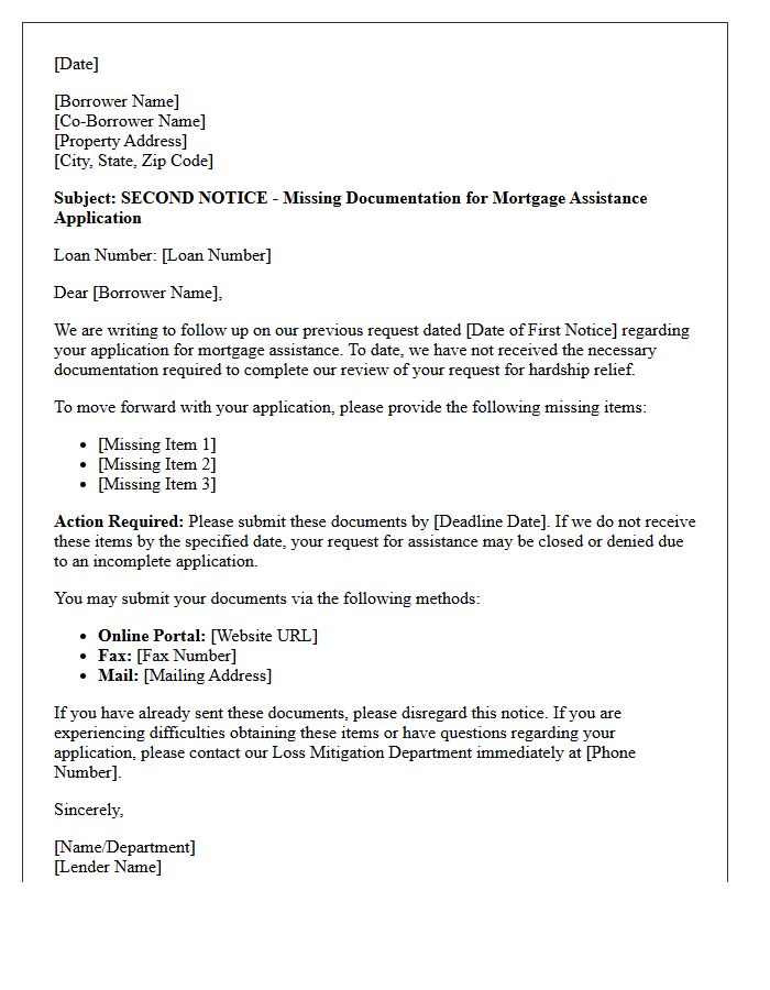 Second Notice for Missing Mortgage Hardship Documentation Letter