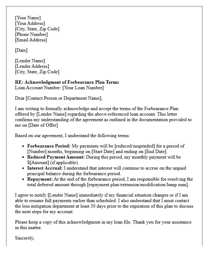 Forbearance Plan Terms Acknowledgment Letter