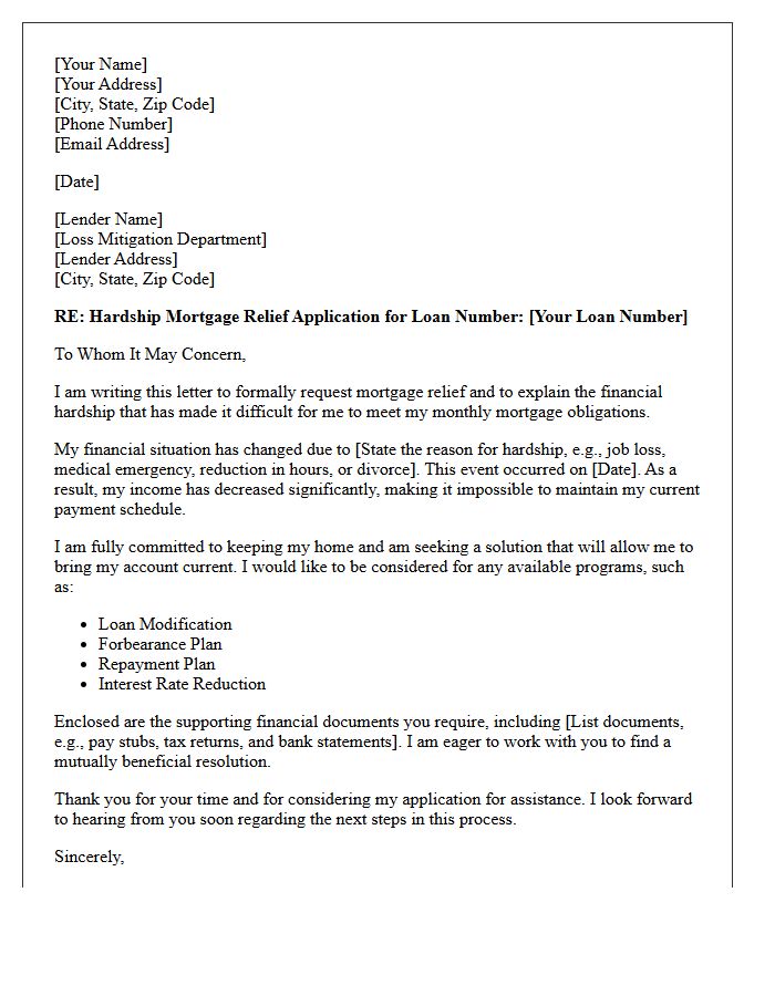 Hardship Mortgage Relief Application Letter