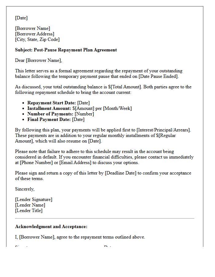 Post-Pause Repayment Plan Agreement Letter