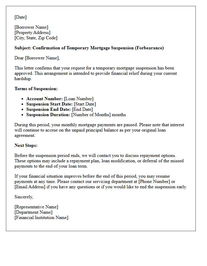 Temporary Mortgage Suspension Confirmation Letter