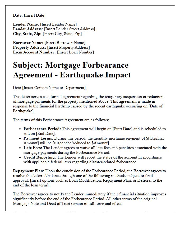 Earthquake Impact Mortgage Forbearance Agreement Letter