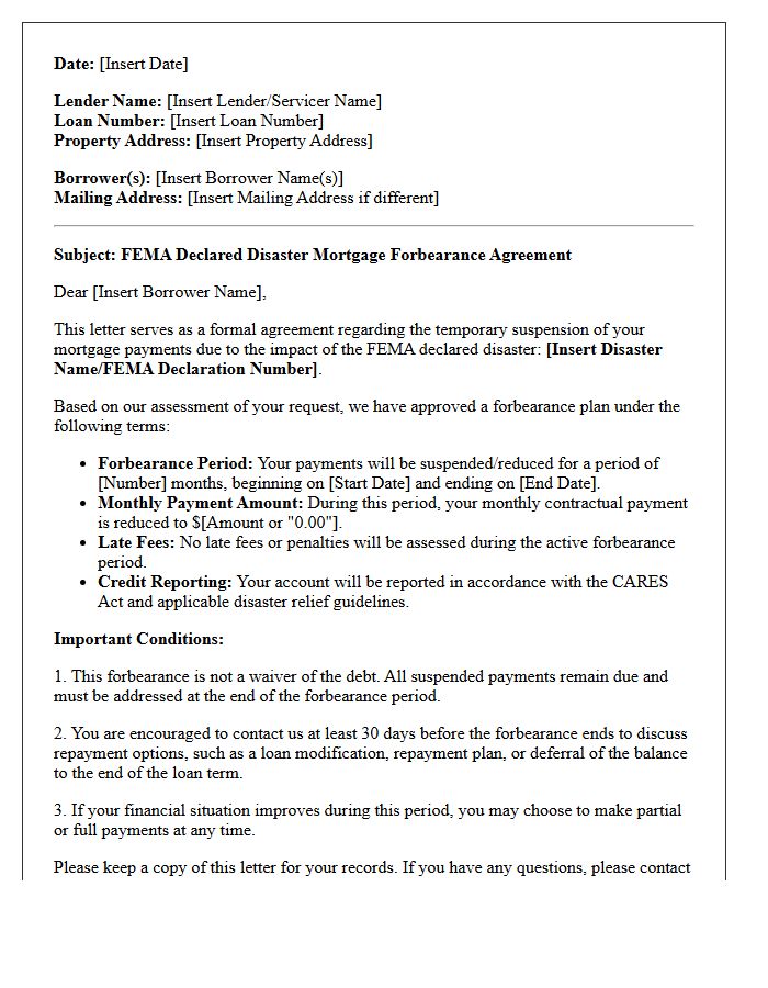FEMA Declared Disaster Mortgage Forbearance Agreement Letter