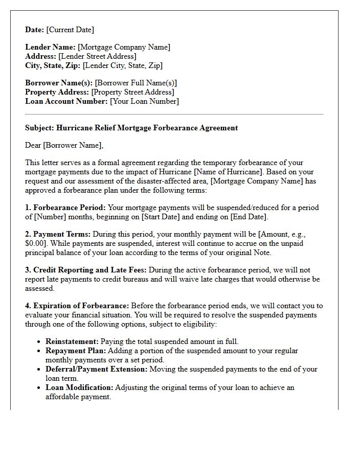 Hurricane Relief Mortgage Forbearance Agreement Letter