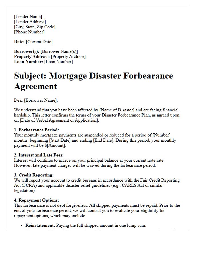 Mortgage Lender Disaster Forbearance Terms Agreement Letter