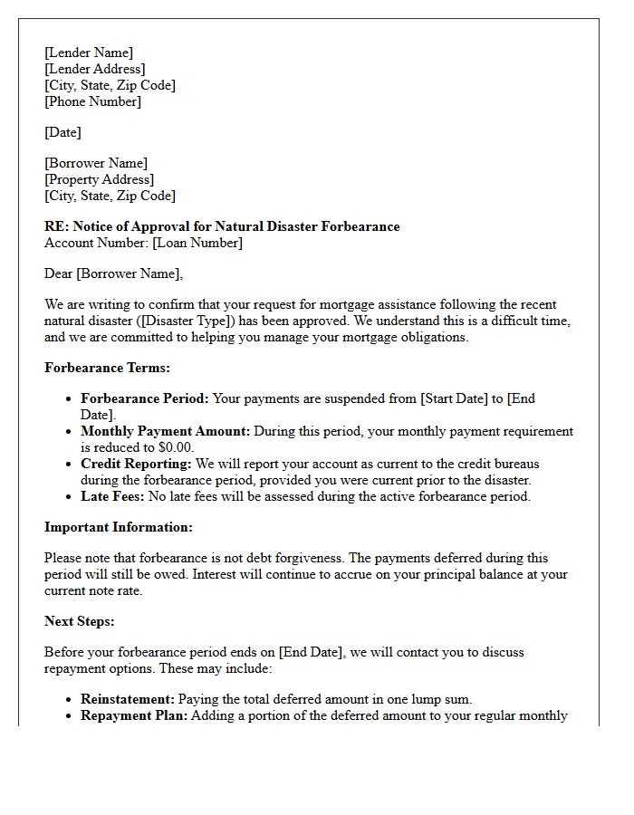 Mortgage Lender Natural Disaster Forbearance Approval Letter