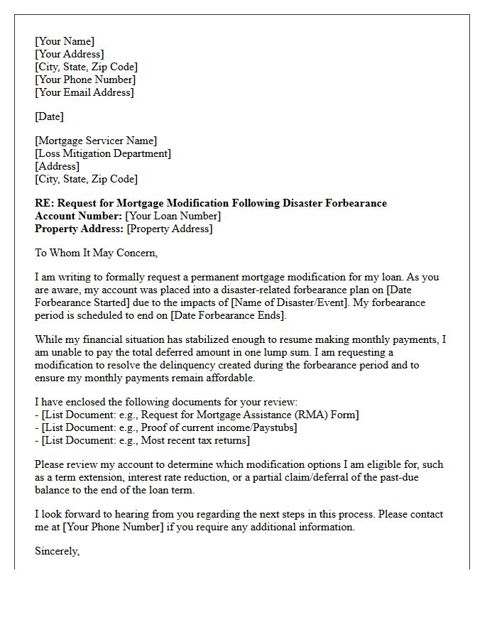 Post-Disaster Mortgage Forbearance Modification Letter