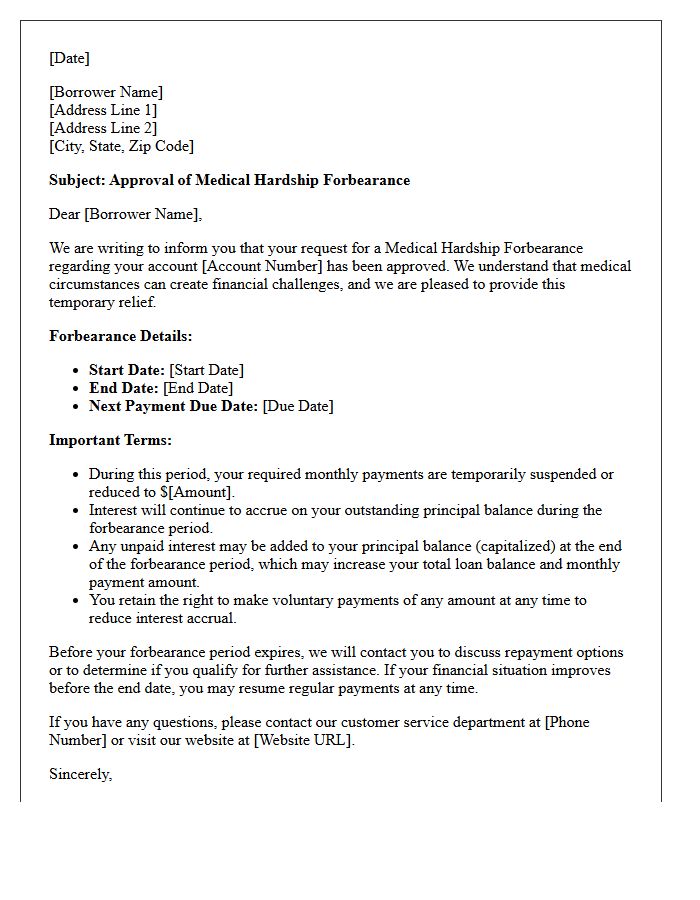 Standard Medical Hardship Forbearance Approval Letter