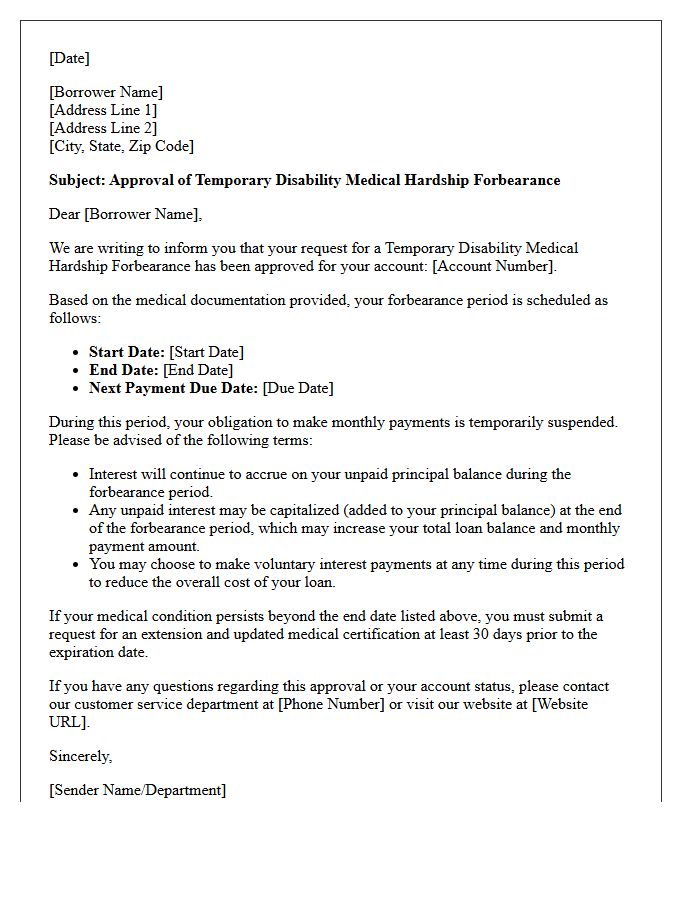 Temporary Disability Medical Hardship Forbearance Approval Letter