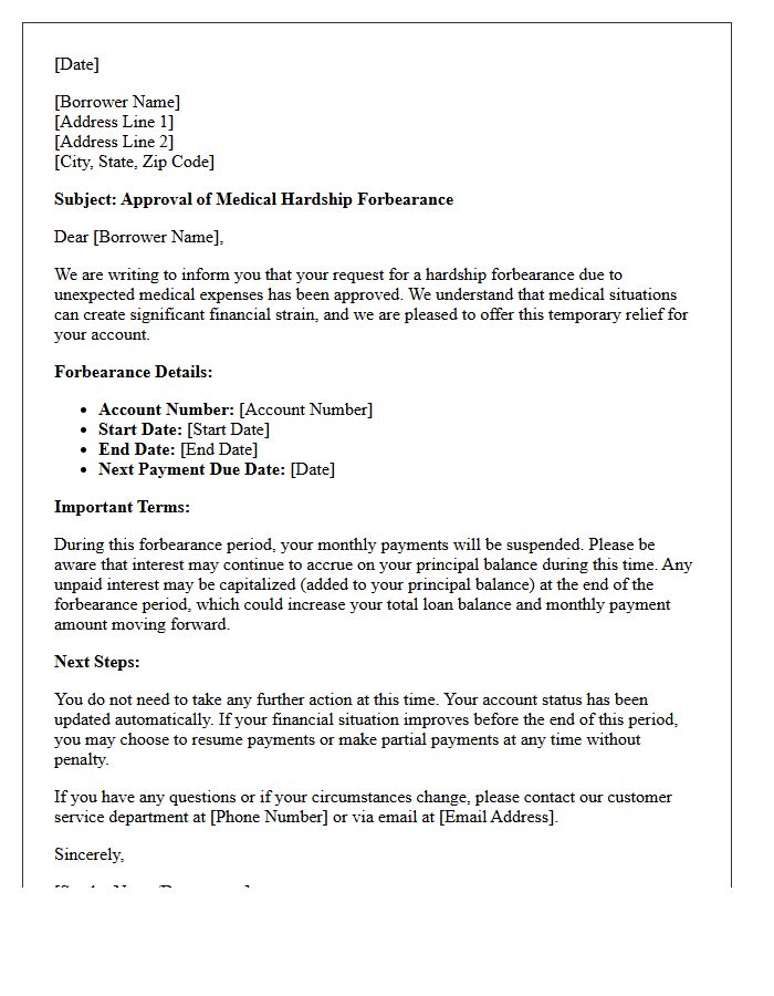 Unexpected Medical Expenses Hardship Forbearance Approval Letter
