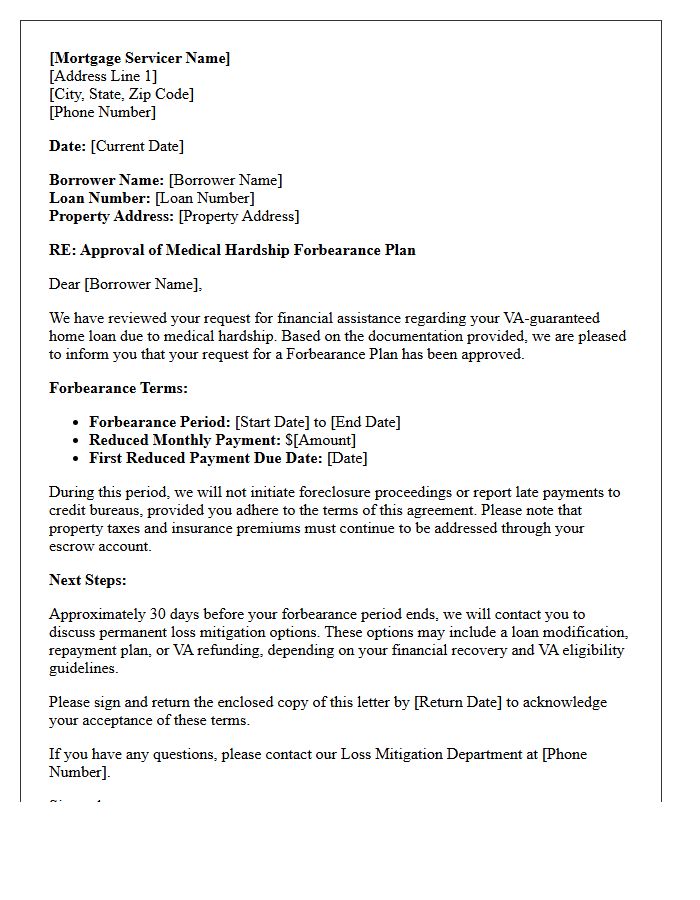 Veterans Affairs Loan Medical Hardship Forbearance Approval Letter