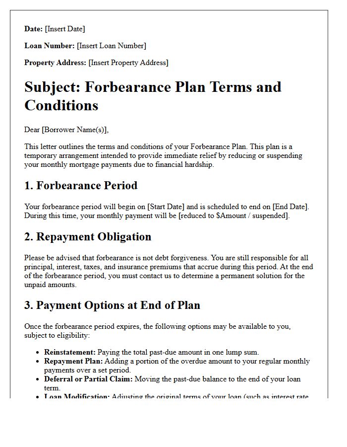 Forbearance Plan Terms and Conditions Letter