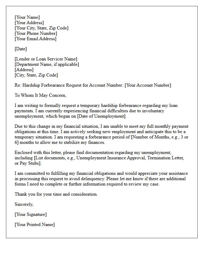 Initial Unemployment Hardship Forbearance Request Letter