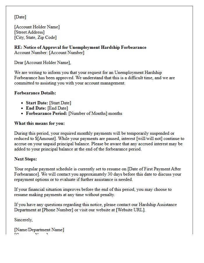 Unemployment Hardship Forbearance Approval Notice Letter