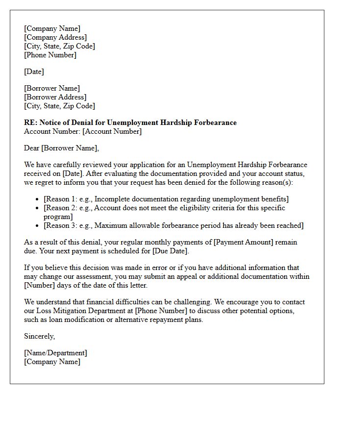 Unemployment Hardship Forbearance Denial Notice Letter