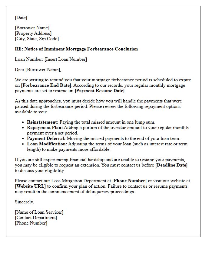 Imminent Mortgage Forbearance Conclusion Notice Letter