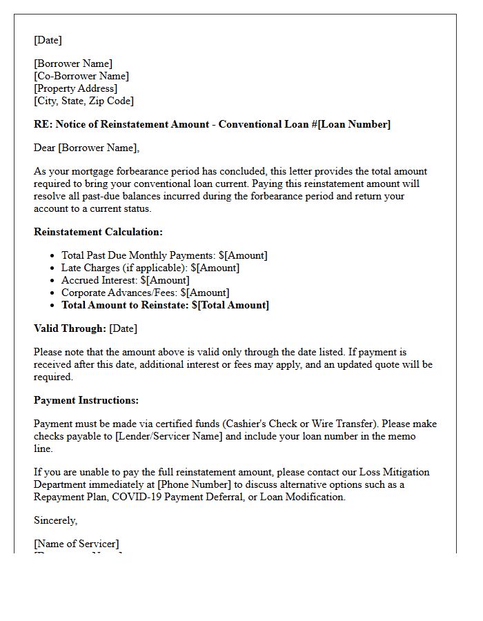 Conventional Loan Post-Forbearance Reinstatement Amount Letter
