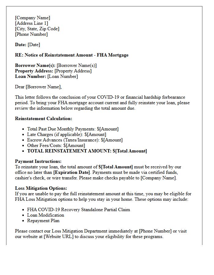FHA Post-Forbearance Reinstatement Amount Notice Letter