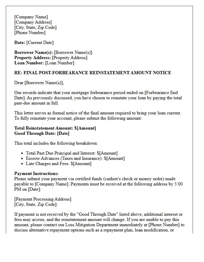Final Post-Forbearance Reinstatement Amount Notice Letter