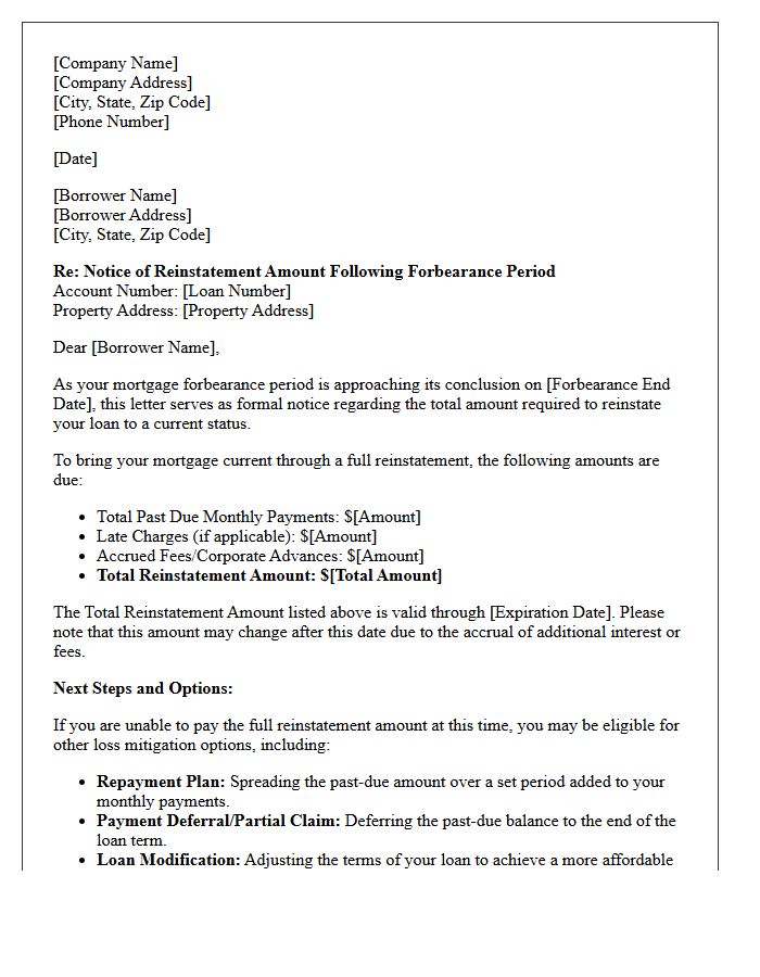Initial Post-Forbearance Reinstatement Amount Notice Letter