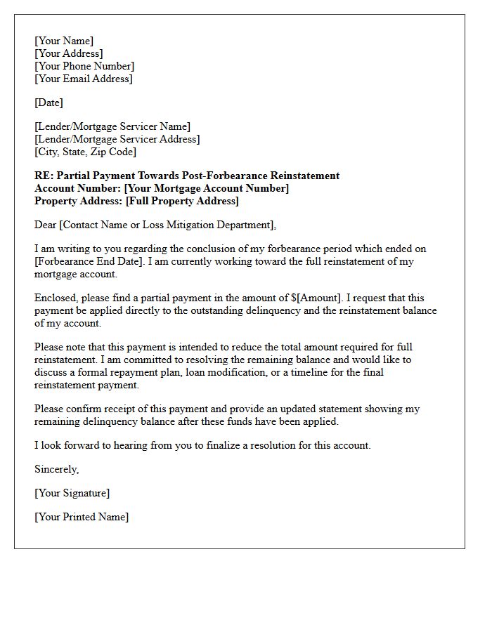 Partial Payment Post-Forbearance Reinstatement Amount Letter