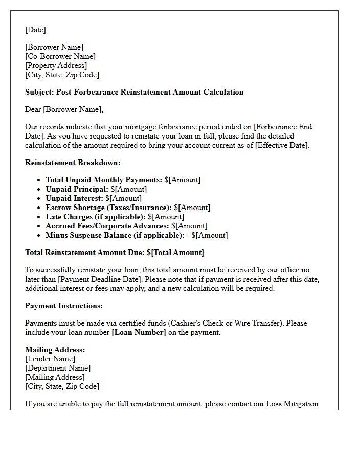 Post-Forbearance Reinstatement Amount Calculation Letter