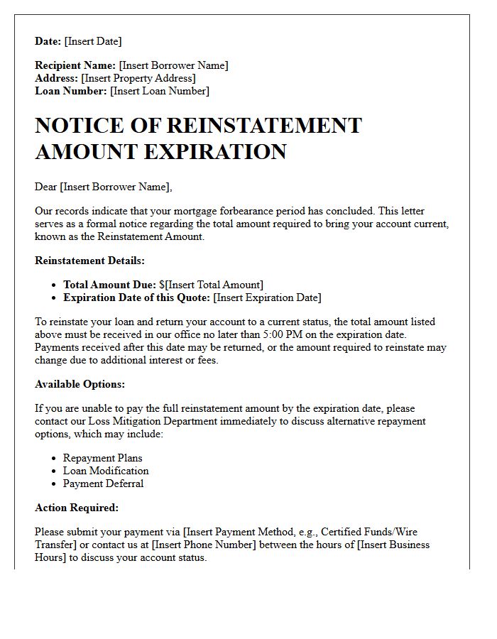 Post-Forbearance Reinstatement Amount Expiration Notice Letter