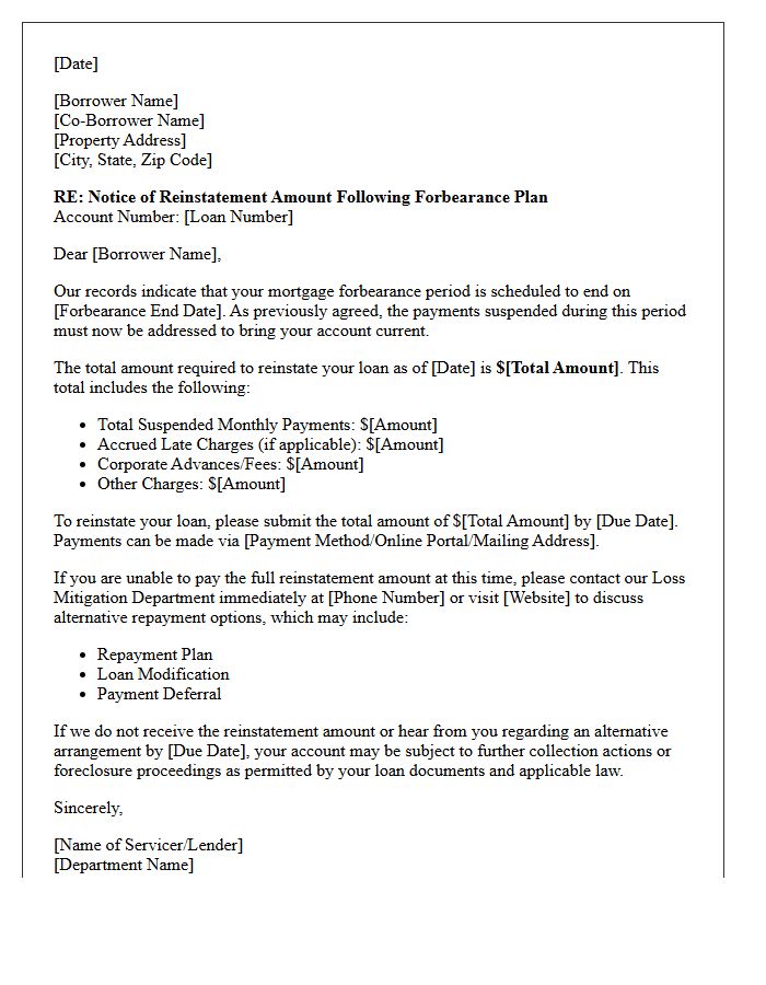 Standard Post-Forbearance Reinstatement Amount Notice Letter