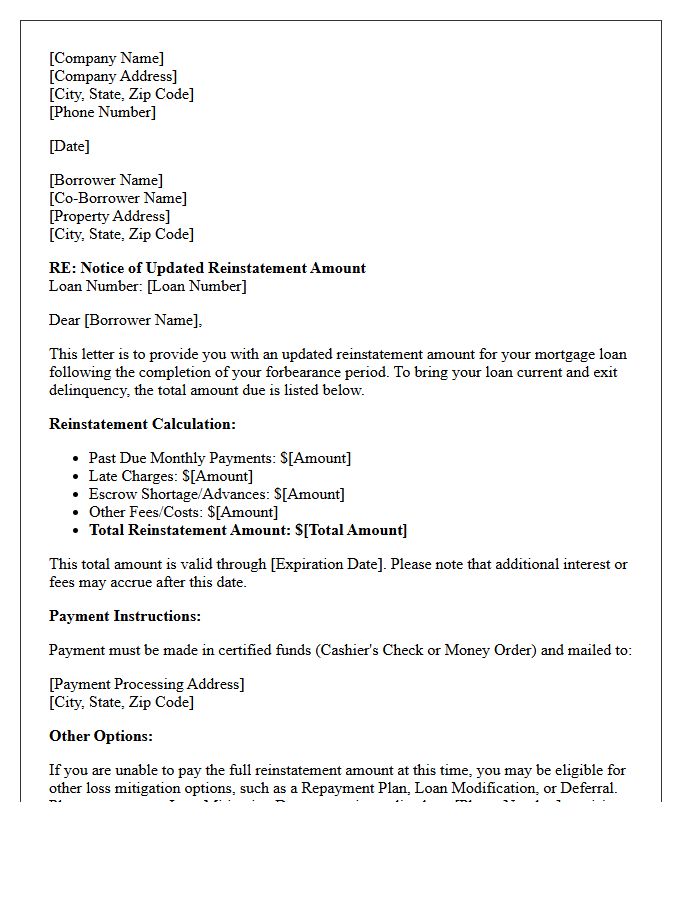 Updated Post-Forbearance Reinstatement Amount Notice Letter