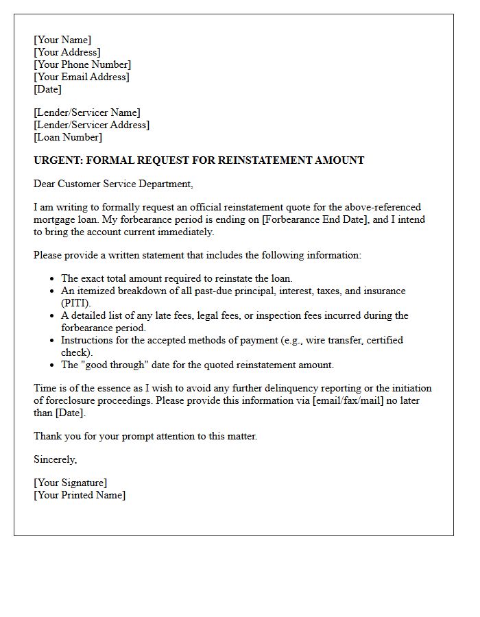 Urgent Post-Forbearance Reinstatement Amount Demand Letter