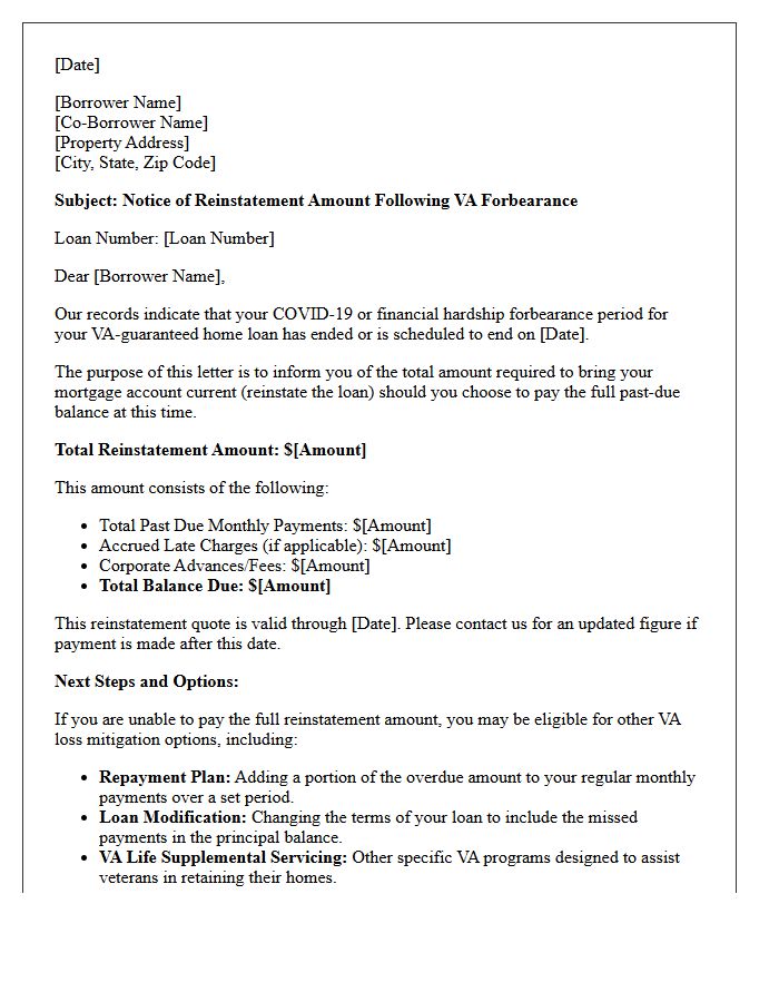 VA Post-Forbearance Reinstatement Amount Notice Letter