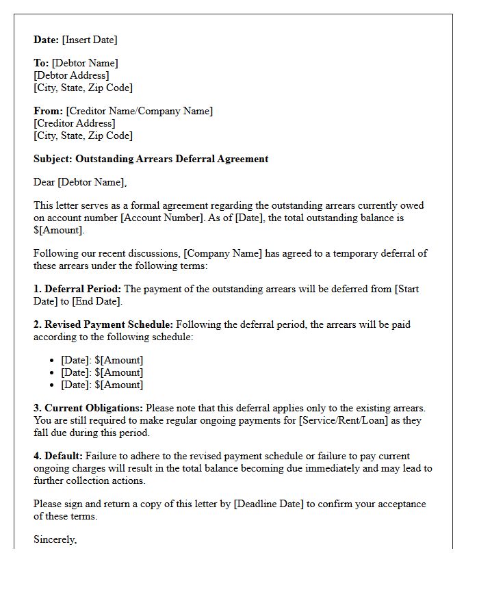 Outstanding Arrears Deferral Agreement Letter