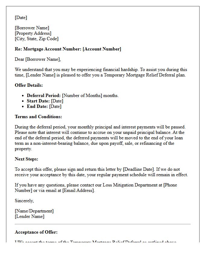 Temporary Mortgage Relief Deferral Offer Letter