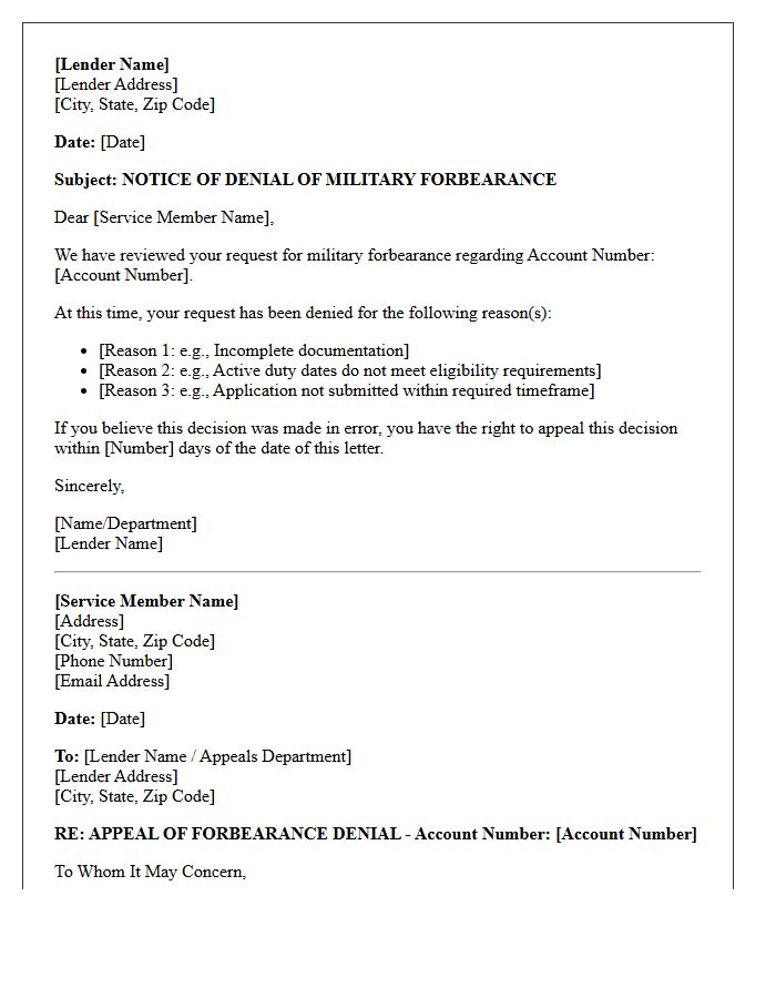 Military Service Member Forbearance Denial and Appeal Letter