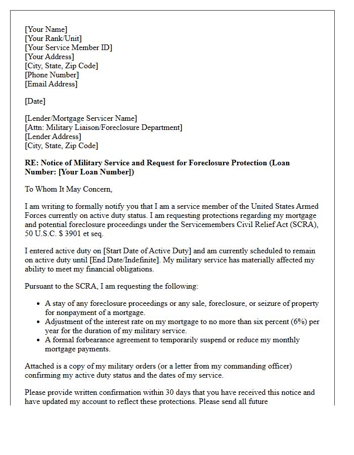 Military Service Member Forbearance Foreclosure Protection Letter