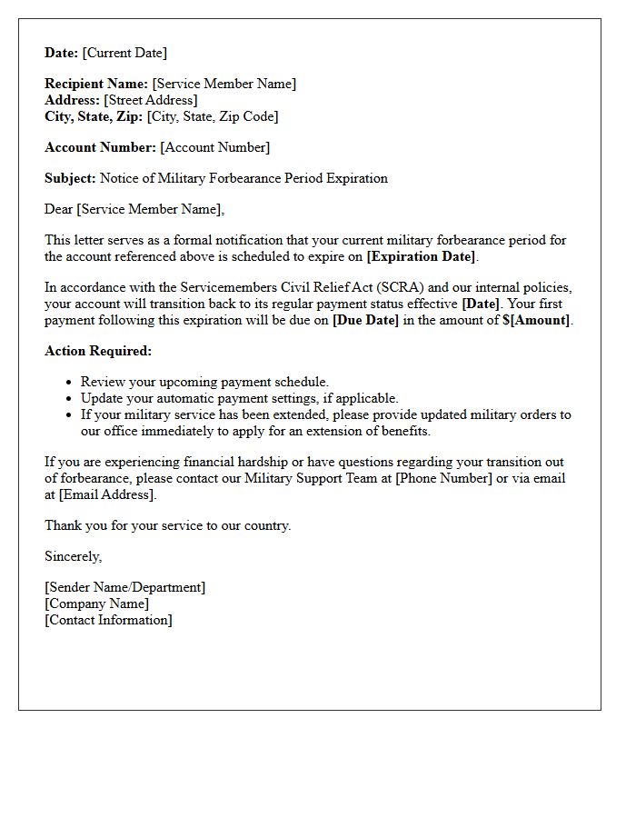 Military Service Member Forbearance Period Expiration Notice Letter