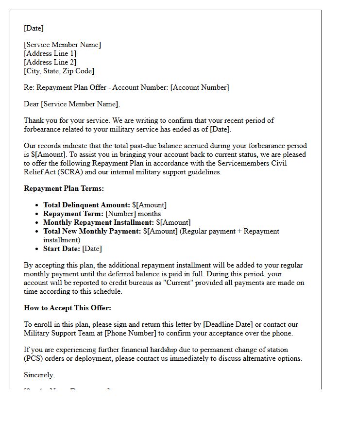 Military Service Member Forbearance Repayment Plan Offer Letter