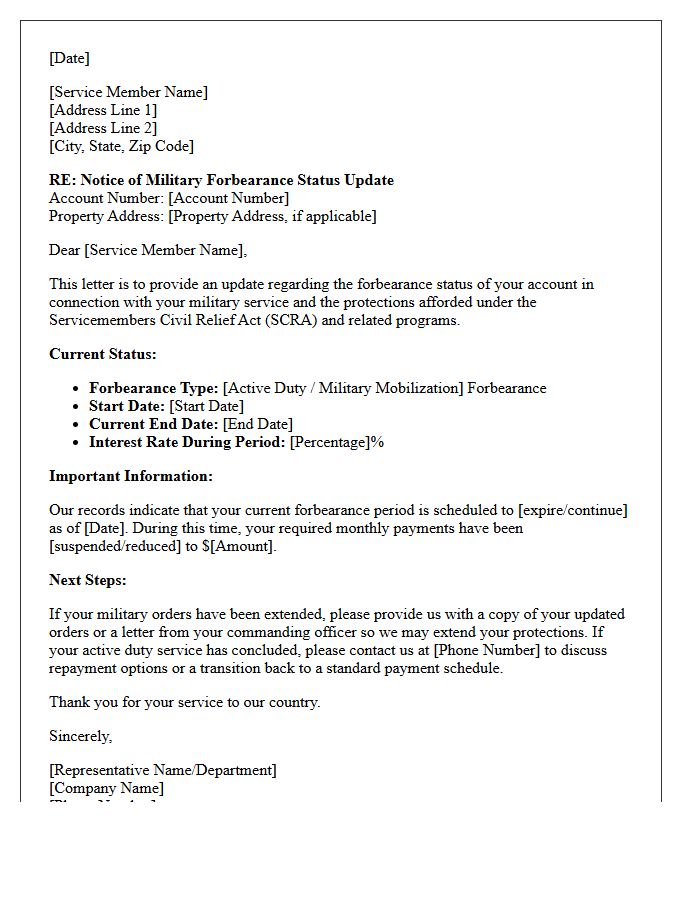 Military Service Member Forbearance Status Update Notice Letter