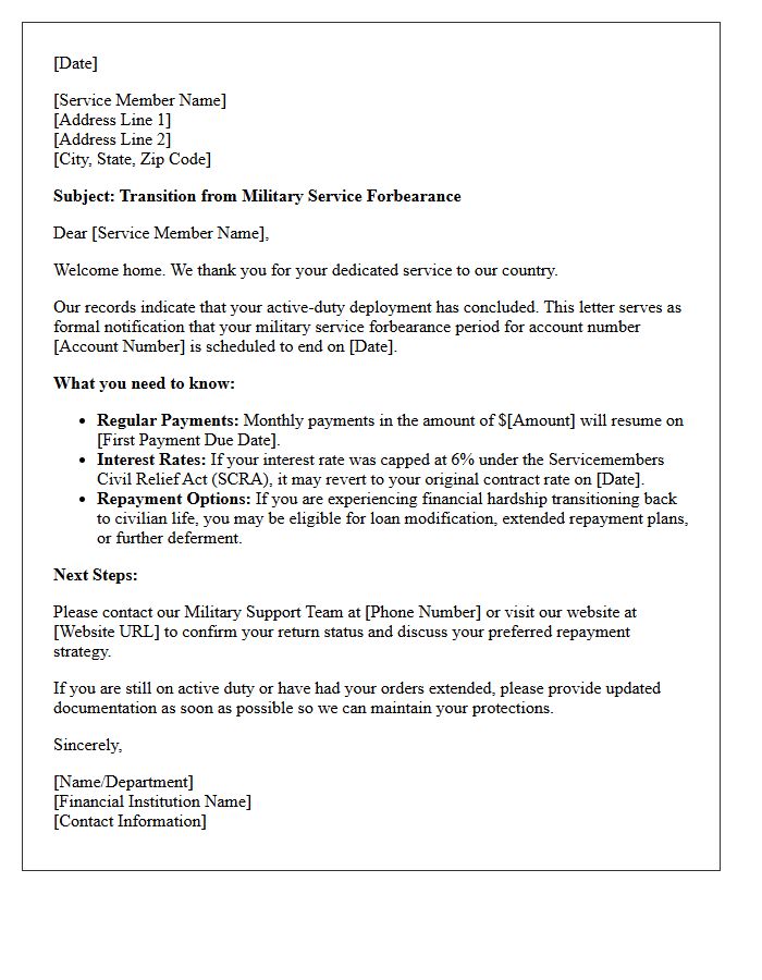 Post-Deployment Military Service Member Forbearance Transition Letter
