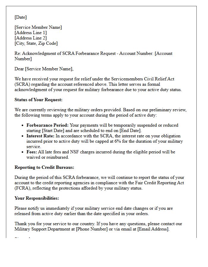 SCRA Military Service Member Forbearance Acknowledgment Letter