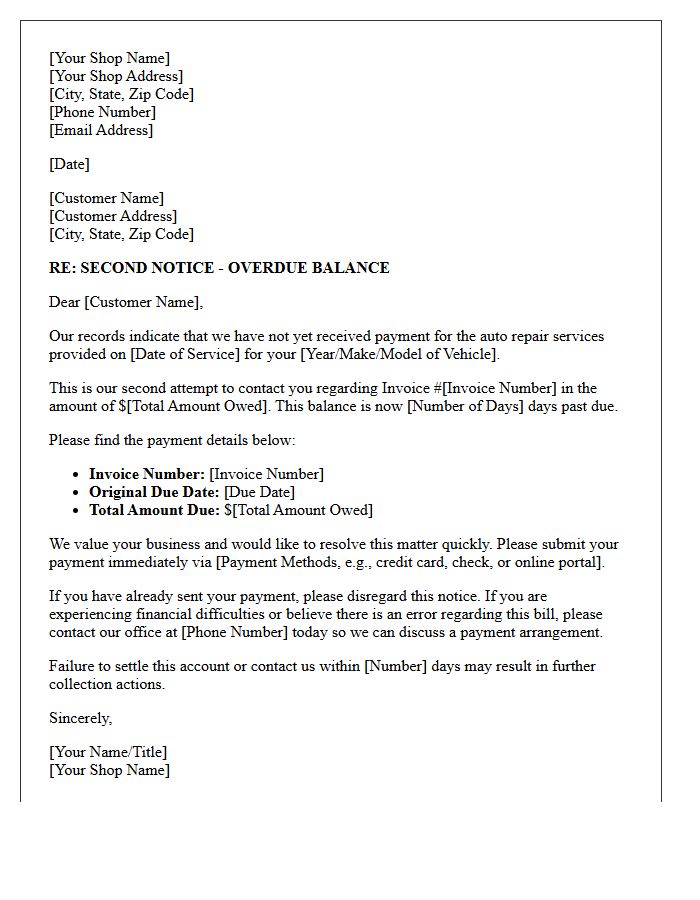 Auto Repair Debt Collection Second Notice Letter