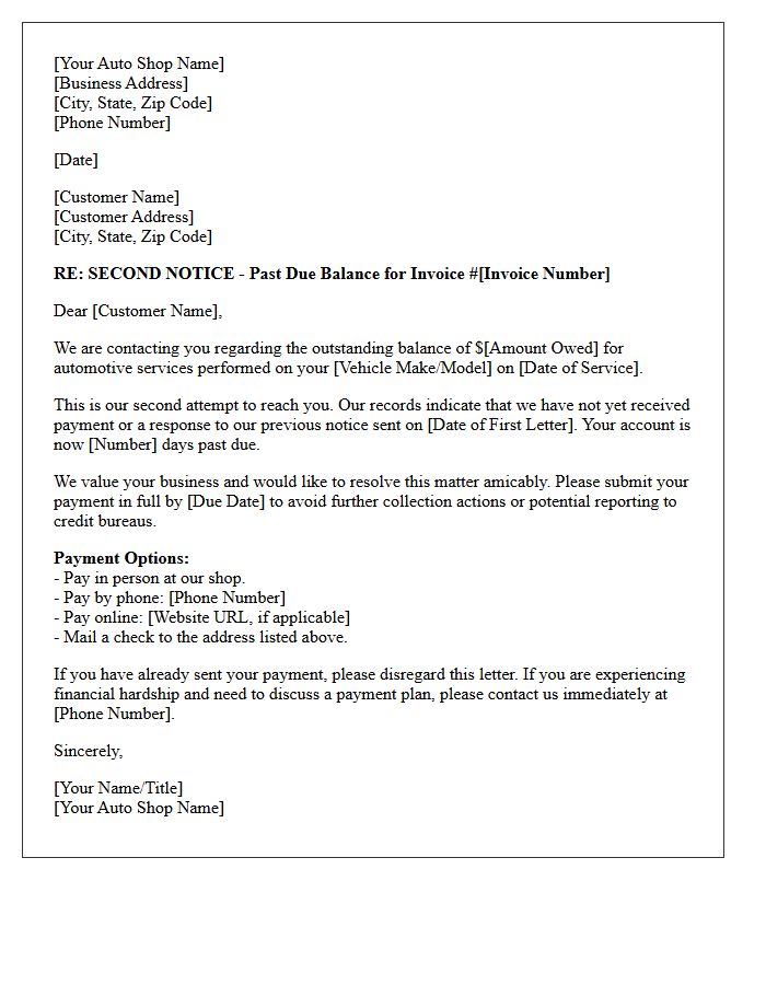 Auto Shop Debt Collection Second Contact Letter