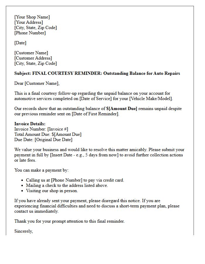 Final Courtesy Second Reminder Letter for Auto Repair Balance