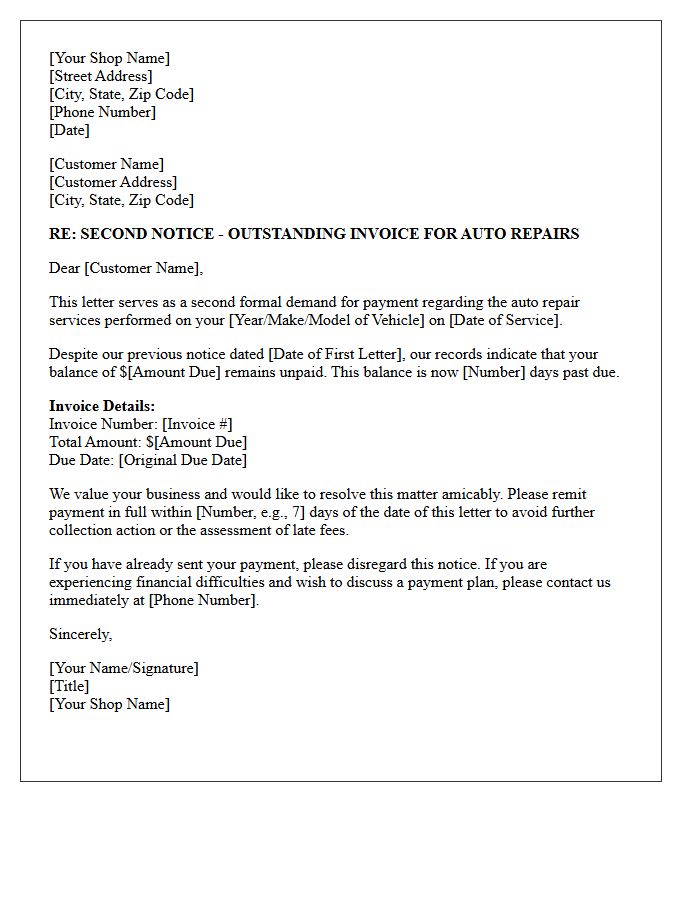 Outstanding Auto Repair Invoice Second Demand Letter