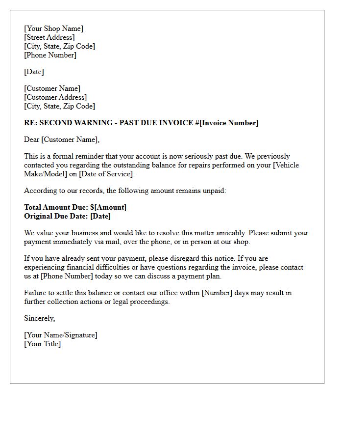 Past Due Auto Repair Bill Second Warning Letter