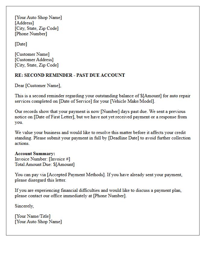 Pre-Collection Second Reminder Letter for Auto Repair Debt