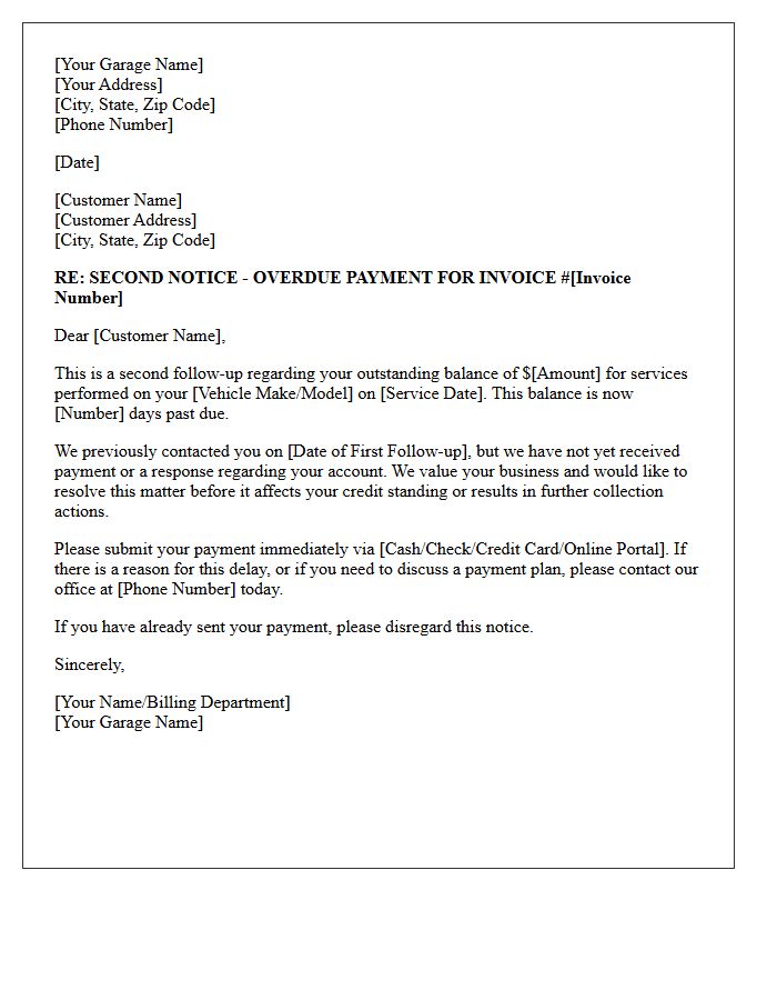 Second Follow-Up Letter for Delinquent Auto Garage Payment